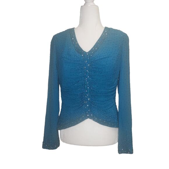 Jovani Teal blue green Silk beaded sequin Evening Formal blouse Size 6 Medium‎ - Picture 1 of 7